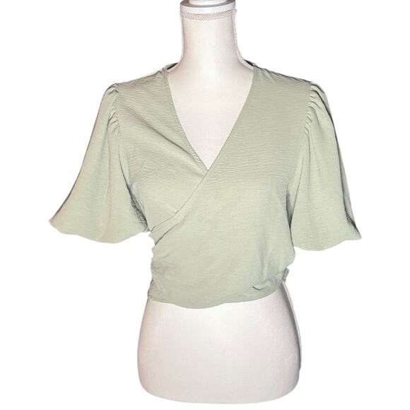 Altar'd State Sage Green Cropped Wrap Blouse with Bubble Sleeves - Size Small - Picture 6 of 6